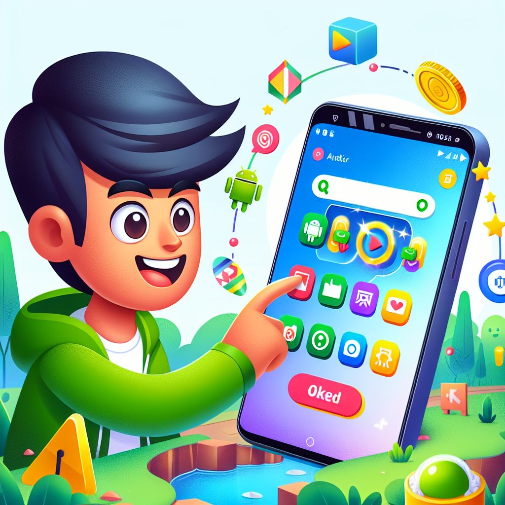 Cartoon mobile gaming character holding a smartphone with app icons and rewards